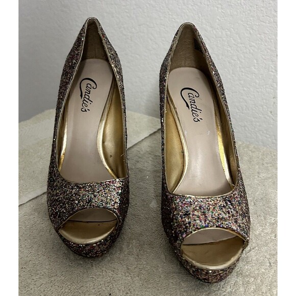 Candies Womens Size 7 1/2 M Cayunnis Multi-Color  Glitter Peep Toe Stilettos - Picture 5 of 13